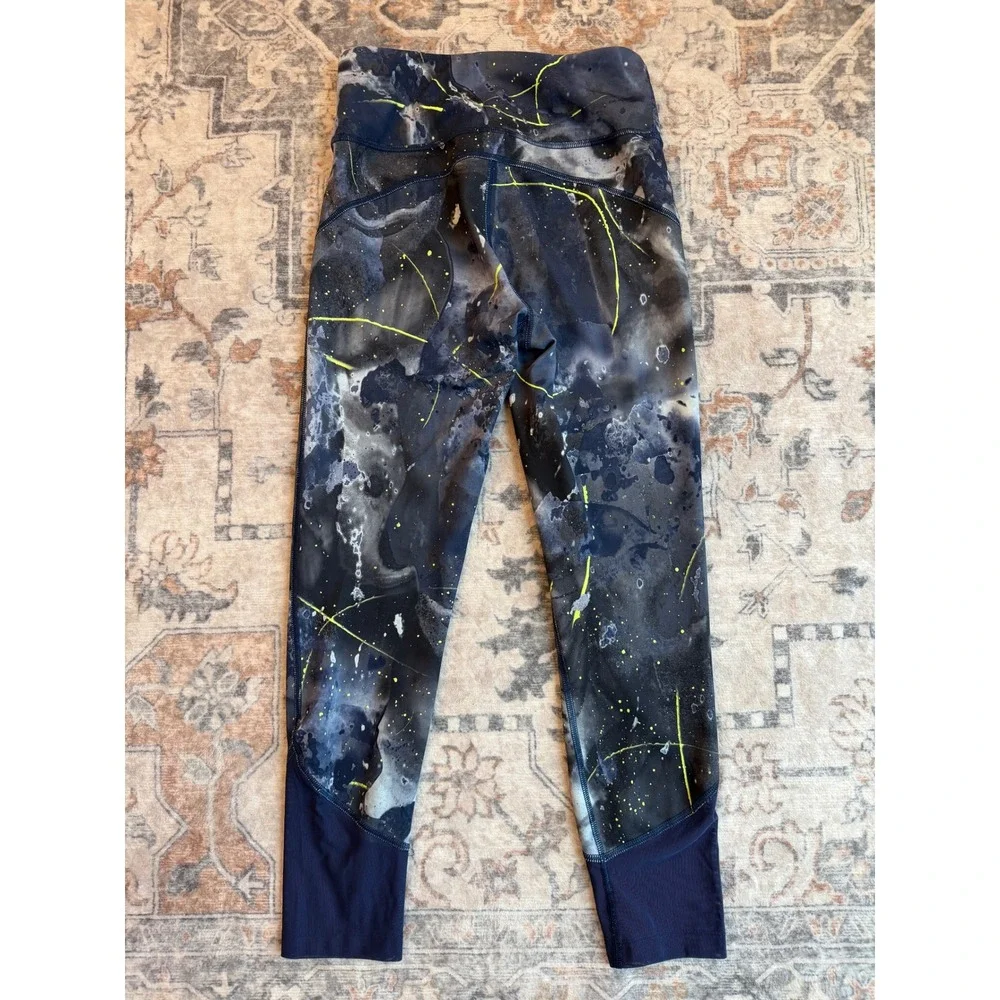 New Balance Womens Navy Neon Yellow Splatter Print Mesh Accent Leggings Small